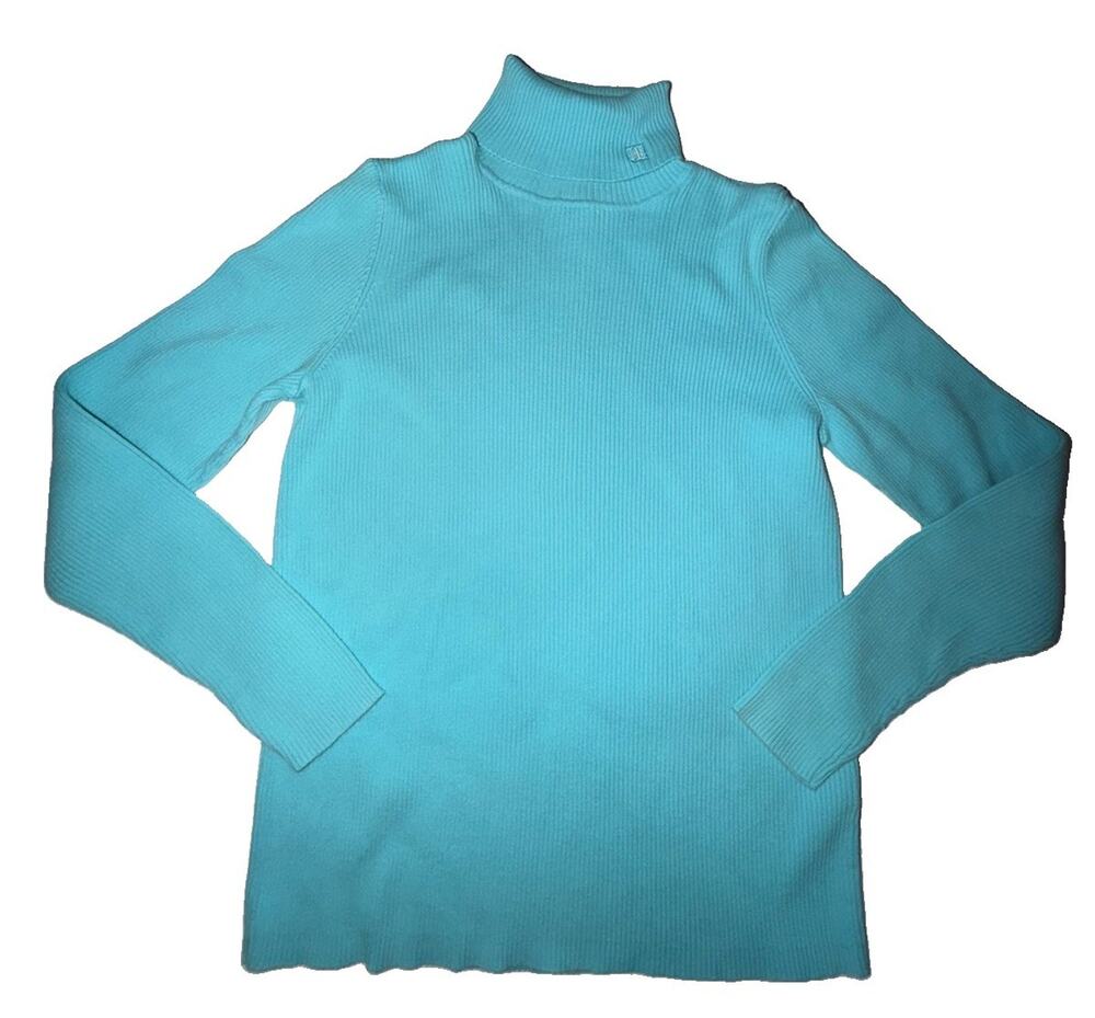 Lauren Ralph Lauren Women’s Light Blue Turtleneck Logo Sweater Top Medium